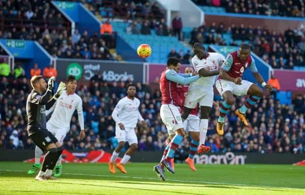 BIRMINGHAM, ENGLAND - Sunday, February 14, 2016: Liverpool's Mamadou Sakho flicks on James Milner free-kick to score the second goal against Aston Villa during the Premier League match at Villa Park. (Pic by David Rawcliffe/Propaganda)
