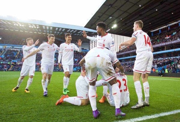 BIRMINGHAM, ENGLAND - Sunday, February 14, 2016: Liverpool's Emre Can celebrates scoring the third goal against Aston Villa with team-mates during the Premier League match at Villa Park. (Pic by David Rawcliffe/Propaganda)