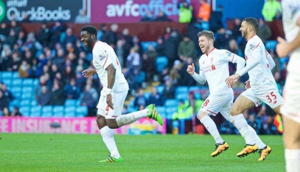 BIRMINGHAM, ENGLAND - Sunday, February 14, 2016: Liverpool's Kolo Toure celebrates scoring the sixth goal against Aston Villa during the Premier League match at Villa Park. (Pic by David Rawcliffe/Propaganda)