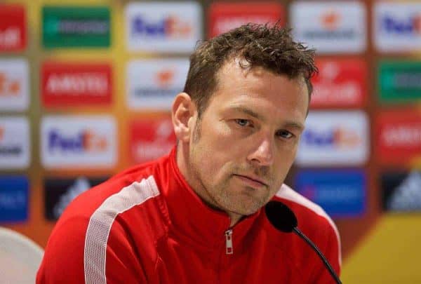 AUGSBURG, GERMANY - Wednesday, February 17, 2016: FC Augsburg's head coach Markus Weinzierl during a press conference ahead of the UEFA Europa League Round of 32 1st Leg match against Liverpool at the Augsburg Arena. (Pic by David Rawcliffe/Propaganda)