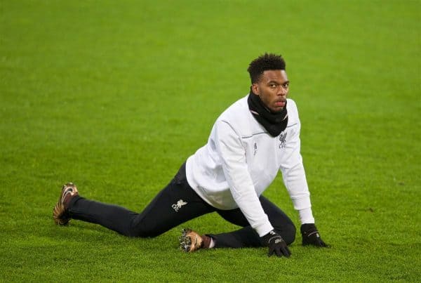 AUGSBURG, GERMANY - Wednesday, February 17, 2016: Liverpool's Daniel Sturridge stretches during a training session ahead of the UEFA Europa League Round of 32 1st Leg match against FC Augsburg at the Augsburg Arena. (Pic by David Rawcliffe/Propaganda)