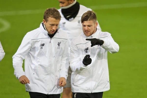 AUGSBURG, GERMANY - Wednesday, February 17, 2016: Liverpool's Lucas Leiva and Alberto Moreno during a training session ahead of the UEFA Europa League Round of 32 1st Leg match against FC Augsburg at the Augsburg Arena. (Pic by David Rawcliffe/Propaganda)
