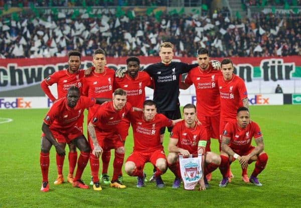 AUGSBURG, GERMANY - Thursday, February 18, 2016: Liverpool's players line up for a team group photograph before the UEFA Europa League Round of 32 1st Leg match against FC Augsburg at the Augsburg Arena. (Pic by David Rawcliffe/Propaganda)