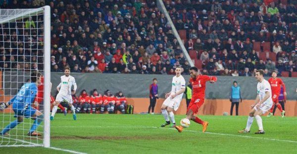 AUGSBURG, GERMANY - Thursday, February 18, 2016: Liverpool's Daniel Sturridge misses a chance against FC Augsburg during the UEFA Europa League Round of 32 1st Leg match at the Augsburg Arena. (Pic by David Rawcliffe/Propaganda)