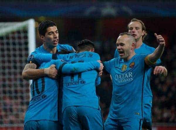 LONDON, ENGLAND - Tuesday, February 23, 2016: Barcelona's Lionel Messi celebrates scoring the first goal against Arsenal with team-mate Luis Suárez, Neymar, Andrés Iniesta during the UEFA Champions League Round of 16 1st Leg match at the Emirates Stadium. (Pic by Kirsten Holst/Propaganda)