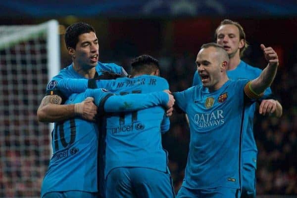 LONDON, ENGLAND - Tuesday, February 23, 2016: Barcelona's Lionel Messi celebrates scoring the first goal against Arsenal with team-mate Luis Suárez, Neymar, Andrés Iniesta during the UEFA Champions League Round of 16 1st Leg match at the Emirates Stadium. (Pic by Kirsten Holst/Propaganda)