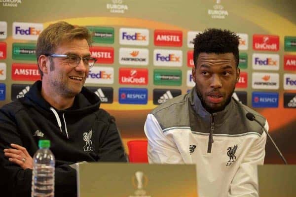 LIVERPOOL, ENGLAND - Wednesday, February 24, 2016: Liverpool's manager Jürgen Klopp and Daniel Sturridge during a press conference ahead of the UEFA Europa League Round of 32 1st Leg match against FC Augsburg. (Pic by David Rawcliffe/Propaganda)