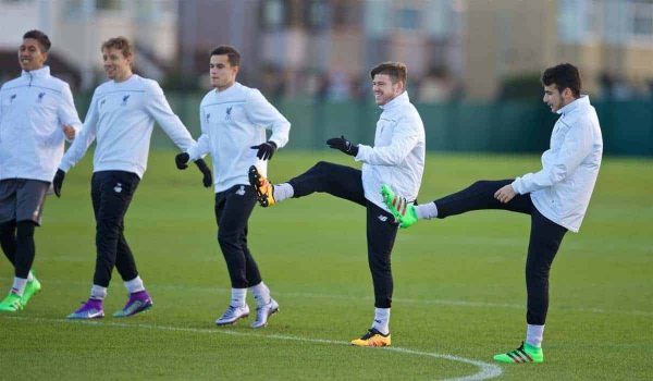 LIVERPOOL, ENGLAND - Wednesday, February 24, 2016: Liverpool's Lucas Leiva, Philippe Coutinho Correia, Alberto Moreno and Pedro Chirivella during a training session ahead of the UEFA Europa League Round of 32 1st Leg match against FC Augsburg. (Pic by David Rawcliffe/Propaganda)