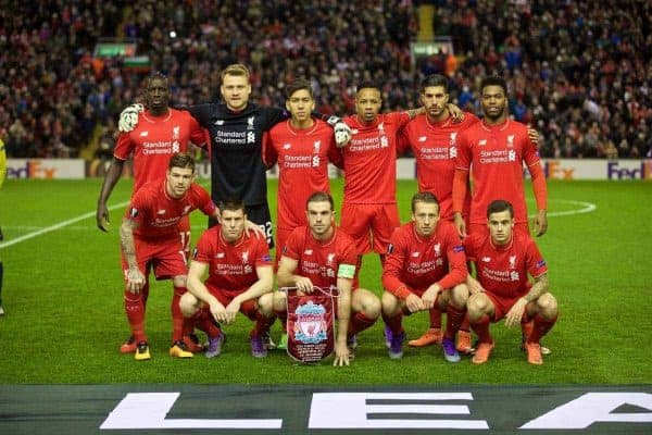 LIVERPOOL, ENGLAND - Thursday, February 25, 2016: Liverpool's players line up for a team group photograph before the UEFA Europa League Round of 32 1st Leg match against FC Augsburg at Anfield. Back row L-R: Mamadou Sakho, goalkeeper Simon Mignolet, Roberto Firmino, Nathaniel Clyne, Emre Can, Daniel Sturridge. Front row L-R: Alberto Moreno, James Milner, captain Jordan Henderson, Lucas Leiva, Philippe Coutinho Correia. (Pic by David Rawcliffe/Propaganda)