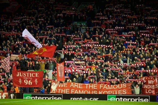 LIVERPOOL, ENGLAND - Thursday, February 25, 2016: Liverpool supporters on the Spion Kop before the UEFA Europa League Round of 32 1st Leg match against FC Augsburg at Anfield. (Pic by David Rawcliffe/Propaganda)