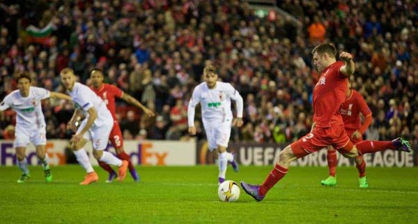 LIVERPOOL, ENGLAND - Thursday, February 25, 2016: Liverpool's James Milner scores the first goal against FC Augsburg from the penalty kick during the UEFA Europa League Round of 32 1st Leg match at Anfield. (Pic by David Rawcliffe/Propaganda)