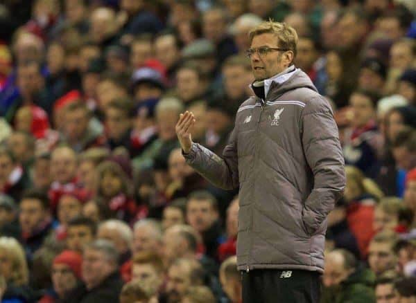 LIVERPOOL, ENGLAND - Thursday, February 25, 2016: Liverpool's manager Jürgen Klopp during the UEFA Europa League Round of 32 1st Leg match against FC Augsburg at Anfield. (Pic by David Rawcliffe/Propaganda)