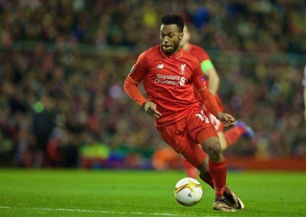LIVERPOOL, ENGLAND - Thursday, February 25, 2016: Liverpool's Daniel Sturridge in action against FC Augsburg during the UEFA Europa League Round of 32 1st Leg match at Anfield. (Pic by David Rawcliffe/Propaganda)