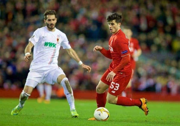 LIVERPOOL, ENGLAND - Thursday, February 25, 2016: Liverpool's Joao Carlos Teixeira in action against FC Augsburg during the UEFA Europa League Round of 32 1st Leg match at Anfield. (Pic by David Rawcliffe/Propaganda)