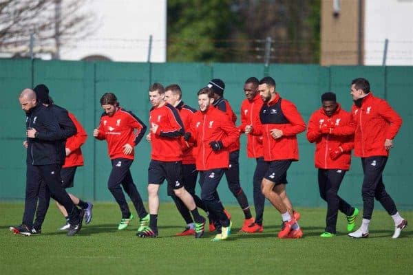 LIVERPOOL, ENGLAND - Friday, February 26, 2016: Liverpool's Jon Flanagan, Adam Lallana and Steven Caulker during a training session at Melwood Training Ground ahead of the Football League Cup Final against Manchester City. (Pic by David Rawcliffe/Propaganda)