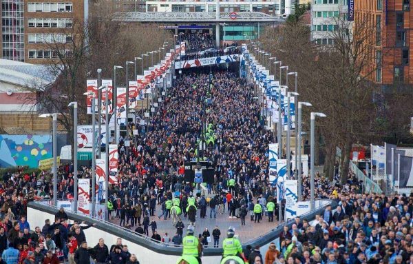 LONDON, ENGLAND - Sunday, February 28, 2016: Liverpool and Manchester City supporters walk up Wembley Way before the Football League Cup Final match at Wembley Stadium. (Pic by David Rawcliffe/Propaganda)