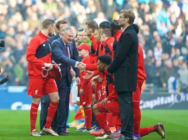 LONDON, ENGLAND - Sunday, February 28, 2016: Liverpool's captain Jordan Henderson introduces the dignitaries to his team before the Football League Cup Final match against Manchester City at Wembley Stadium. (Pic by David Rawcliffe/Propaganda)