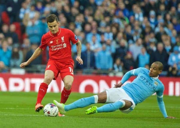 LONDON, ENGLAND - Sunday, February 28, 2016: Liverpool's Philippe Coutinho Correia in action against Manchester City's Fernando Francisco Reges during the Football League Cup Final match at Wembley Stadium. (Pic by David Rawcliffe/Propaganda)