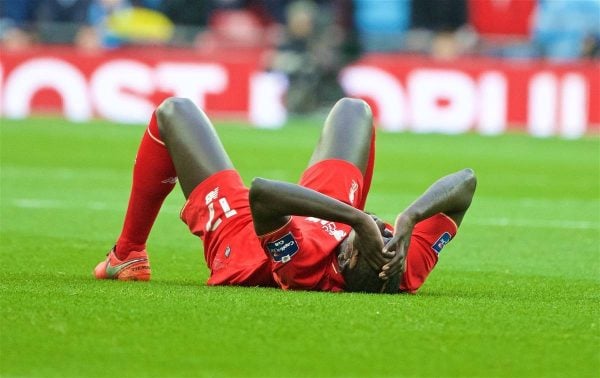 LONDON, ENGLAND - Sunday, February 28, 2016: Liverpool's injured Mamadou Sakho against Manchester City during the Football League Cup Final match at Wembley Stadium. (Pic by David Rawcliffe/Propaganda)