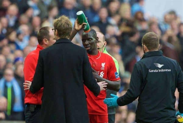 LONDON, ENGLAND - Sunday, February 28, 2016: Liverpool's injured Mamadou Sakho against Manchester City during the Football League Cup Final match at Wembley Stadium. (Pic by David Rawcliffe/Propaganda)