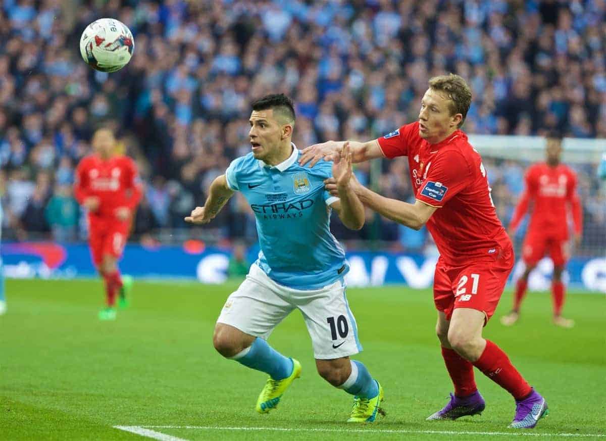 LONDON, ENGLAND - Sunday, February 28, 2016: Liverpool's Lucas Leiva in action against Manchester City's Sergio Aguero during the Football League Cup Final match at Wembley Stadium. (Pic by David Rawcliffe/Propaganda)