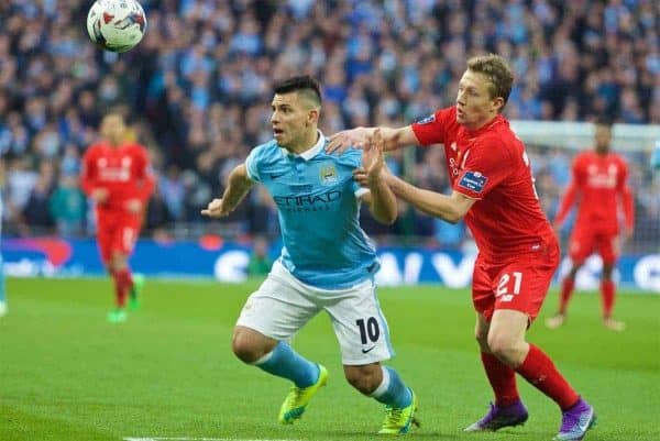 LONDON, ENGLAND - Sunday, February 28, 2016: Liverpool's Lucas Leiva in action against Manchester City's Sergio Aguero during the Football League Cup Final match at Wembley Stadium. (Pic by David Rawcliffe/Propaganda)