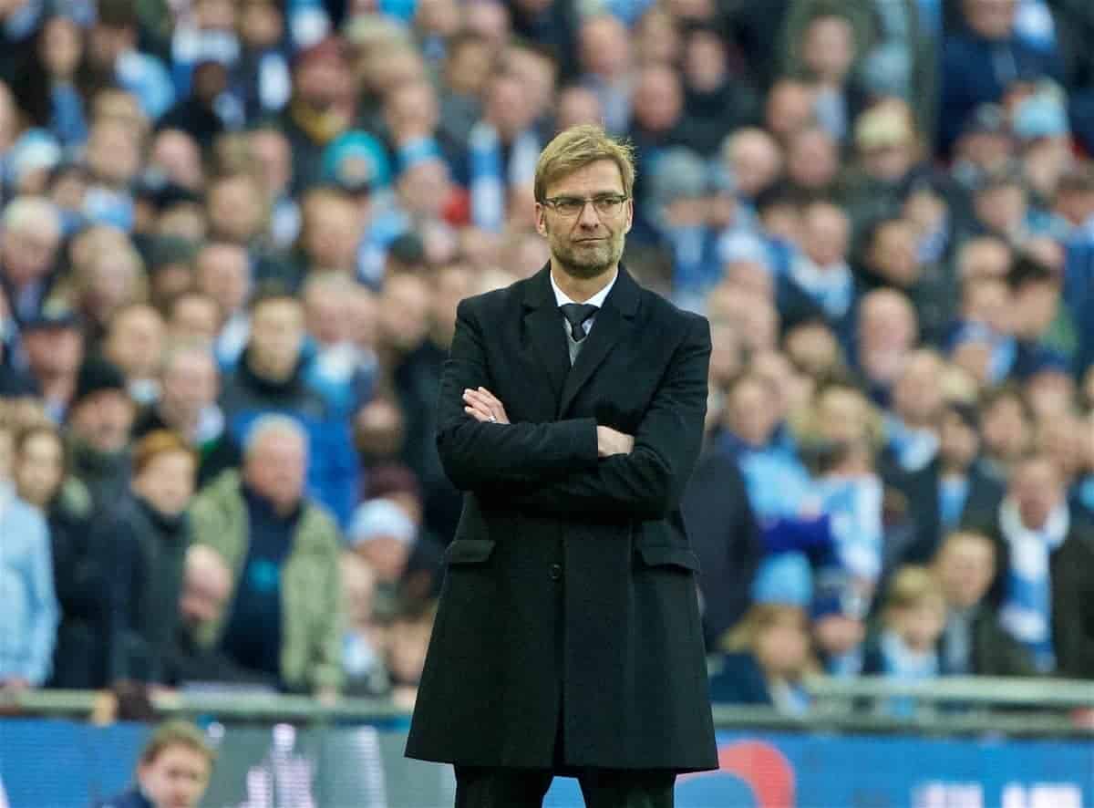 LONDON, ENGLAND - Sunday, February 28, 2016: Liverpool's manager Jürgen Klopp during the Football League Cup Final match against Manchester City at Wembley Stadium. (Pic by David Rawcliffe/Propaganda)