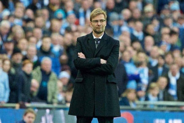 LONDON, ENGLAND - Sunday, February 28, 2016: Liverpool's manager Jürgen Klopp during the Football League Cup Final match against Manchester City at Wembley Stadium. (Pic by David Rawcliffe/Propaganda)