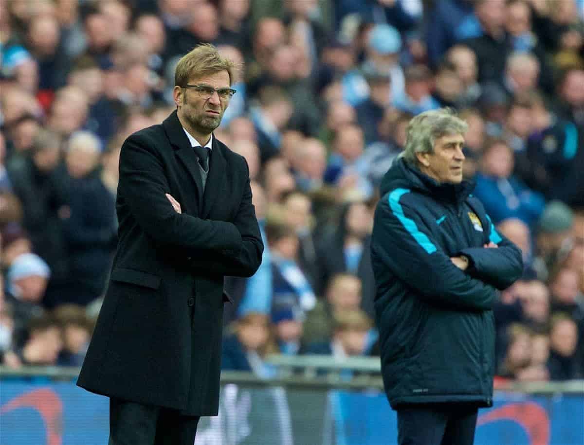 LONDON, ENGLAND - Sunday, February 28, 2016: Liverpool's manager Jürgen Klopp and Manchester City's manager Manuel Pellegrini during the Football League Cup Final match at Wembley Stadium. (Pic by David Rawcliffe/Propaganda)