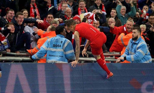 LONDON, ENGLAND - Sunday, February 28, 2016: Liverpool's Philippe Coutinho Correia celebrates scoring the first goal against Manchester City during the Football League Cup Final match at Wembley Stadium. (Pic by David Rawcliffe/Propaganda)