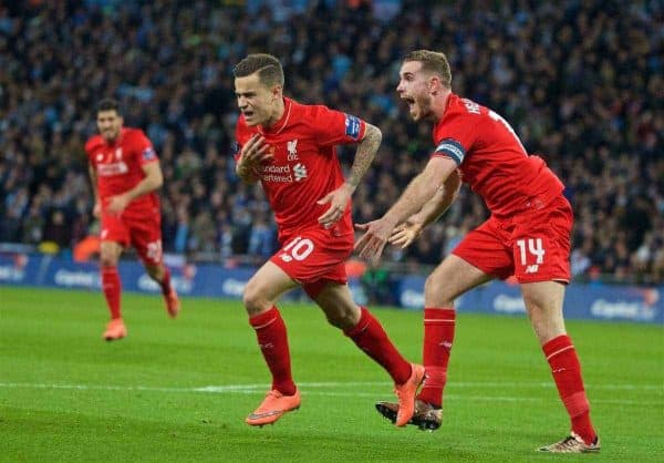 LONDON, ENGLAND - Sunday, February 28, 2016: Liverpool's Philippe Coutinho Correia celebrates scoring the first goal against Manchester City during the Football League Cup Final match at Wembley Stadium. (Pic by David Rawcliffe/Propaganda)