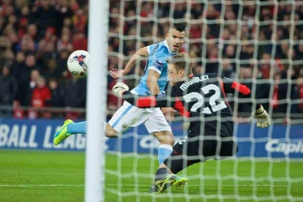 LONDON, ENGLAND - Sunday, February 28, 2016: Manchester City's Sergio Aguero sees his shot saved by Liverpool's goalkeeper Simon Mignolet during the Football League Cup Final match at Wembley Stadium. (Pic by David Rawcliffe/Propaganda)