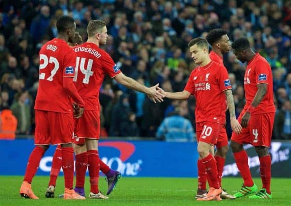 LONDON, ENGLAND - Sunday, February 28, 2016: Liverpool's Philippe Coutinho Correia looks dejected after missing a penalty in the shoot-out against Manchester City during the Football League Cup Final match at Wembley Stadium. (Pic by David Rawcliffe/Propaganda)