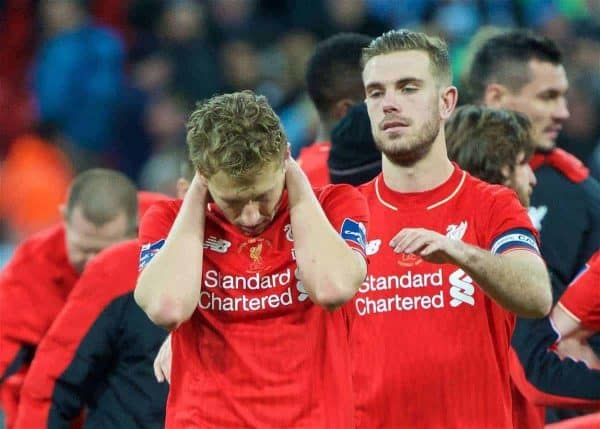 LONDON, ENGLAND - Sunday, February 28, 2016: Liverpool's Lucas Leiva looks dejected after losing in the penalty shoot-out to Manchester City during the Football League Cup Final match at Wembley Stadium. (Pic by David Rawcliffe/Propaganda)