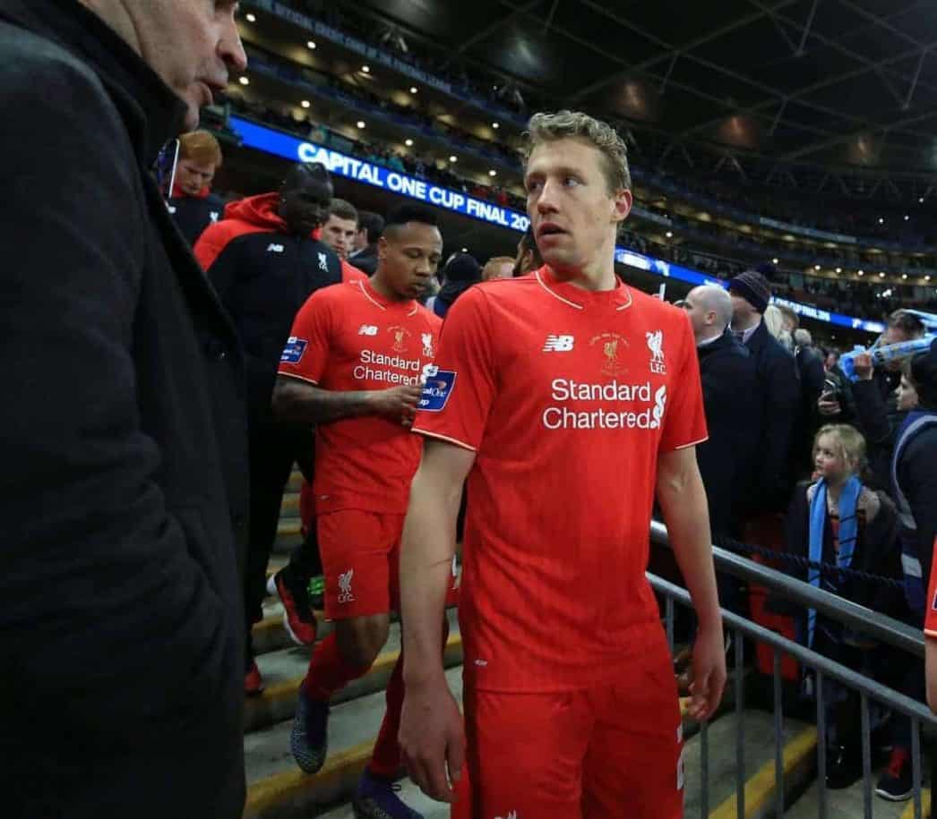 LONDON, ENGLAND - Sunday, February 28, 2016: Liverpool's Lucas Leiva looks dejected after picking up his runners-up medal after losing on penalties to Manchester City during the Football League Cup Final match at Wembley Stadium. (Pic by John Walton/Pool/Propaganda)