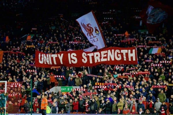 LIVERPOOL, ENGLAND - Wednesday, March 2, 2016: Liverpool supporters' banner on the Spion Kop 'Unity is strength' before the Premier League match against Manchester City at Anfield. (Pic by David Rawcliffe/Propaganda)