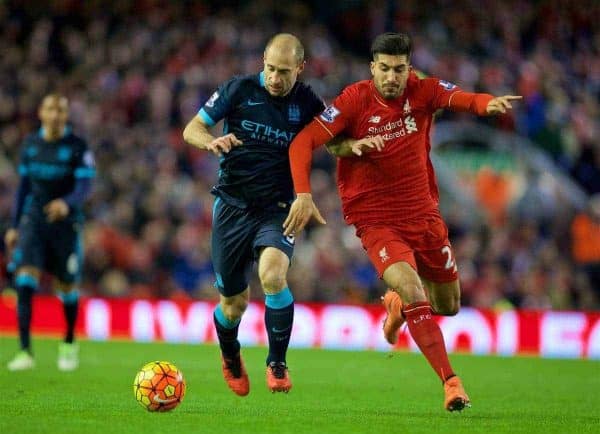 LIVERPOOL, ENGLAND - Wednesday, March 2, 2016: Liverpool's Emre Can in action against Manchester City's Pablo Zabaleta during the Premier League match at Anfield. (Pic by David Rawcliffe/Propaganda)