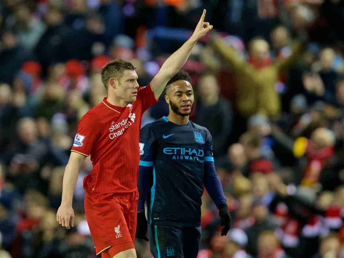 LIVERPOOL, ENGLAND - Wednesday, March 2, 2016: Liverpool's James Milner celebrates scoring the second goal against Manchester City as Raheem Sterling looks on during the Premier League match at Anfield. (Pic by David Rawcliffe/Propaganda)
