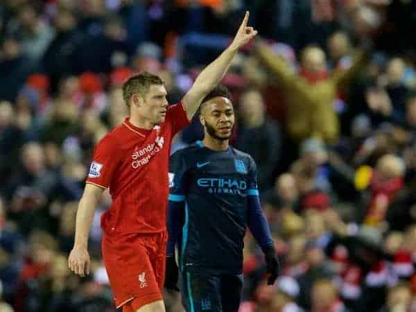 LIVERPOOL, ENGLAND - Wednesday, March 2, 2016: Liverpool's James Milner celebrates scoring the second goal against Manchester City as Raheem Sterling looks on during the Premier League match at Anfield. (Pic by David Rawcliffe/Propaganda)