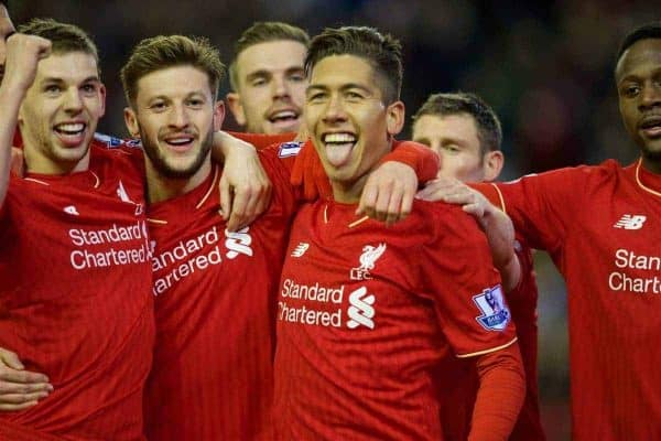 LIVERPOOL, ENGLAND - Wednesday, March 2, 2016: Liverpool's Roberto Firmino celebrates scoring the third goal against Manchester City during the Premier League match at Anfield. (Pic by David Rawcliffe/Propaganda)