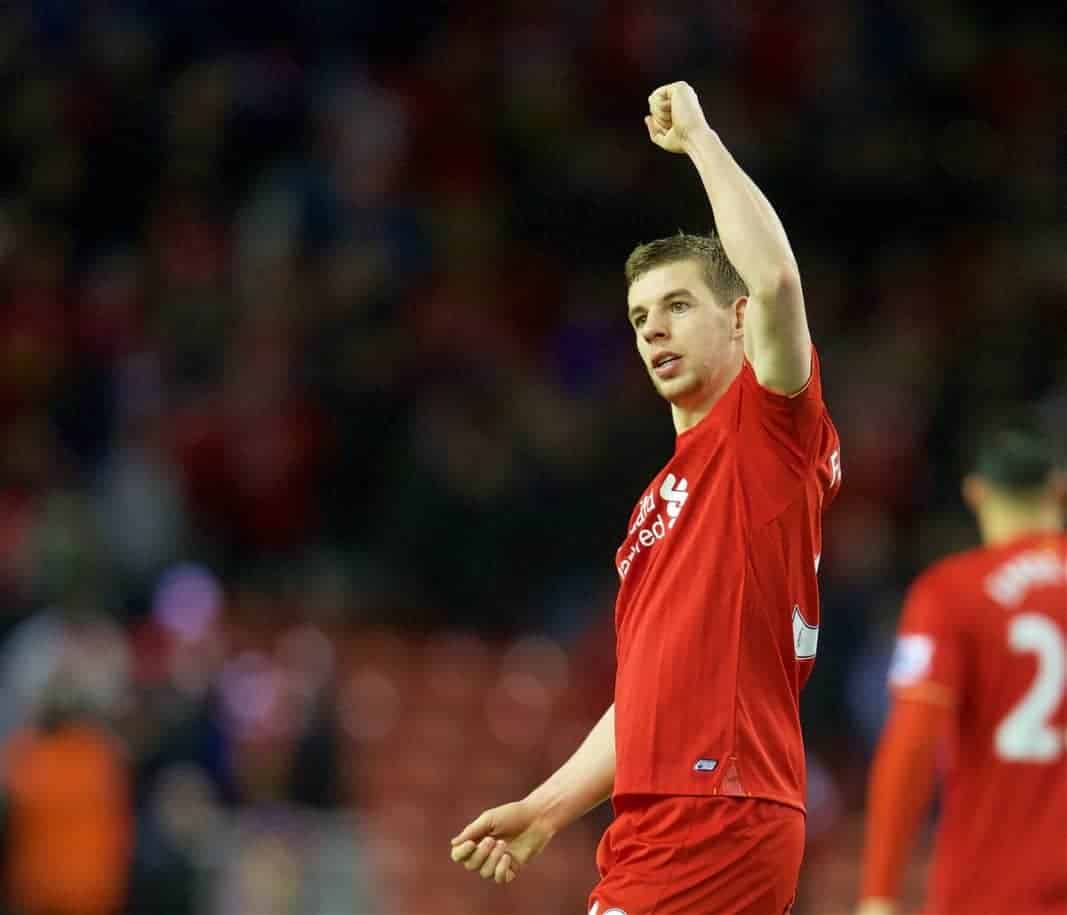 LIVERPOOL, ENGLAND - Wednesday, March 2, 2016: Liverpool's Jon Flanagan celebrates after the 3-0 victory over Manchester City during the Premier League match at Anfield. (Pic by David Rawcliffe/Propaganda)