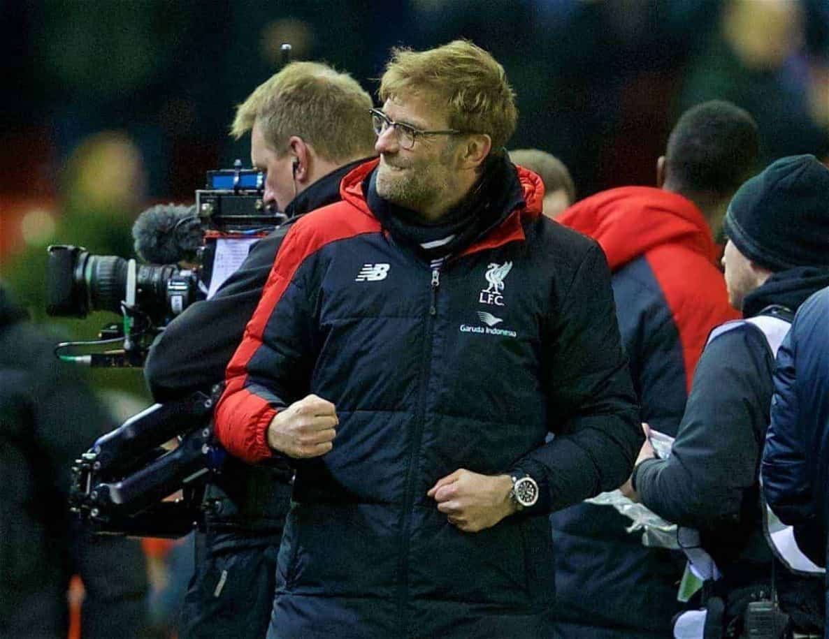 LIVERPOOL, ENGLAND - Wednesday, March 2, 2016: Liverpool's manager Jürgen Klopp celebrates after the 3-0 victory over Manchester City during the Premier League match at Anfield. (Pic by David Rawcliffe/Propaganda)