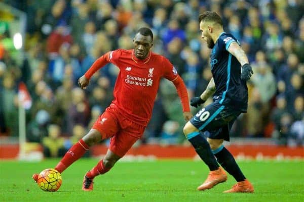 LIVERPOOL, ENGLAND - Wednesday, March 2, 2016: Liverpool's Christian Benteke in action against Manchester City during the Premier League match at Anfield. (Pic by David Rawcliffe/Propaganda)