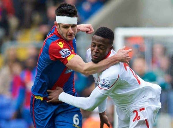 LONDON, ENGLAND - Sunday, March 6, 2016: Liverpool's Divock Origi in action against Crystal Palace's Scott Dann during the Premier League match at Selhurst Park. (Pic by David Rawcliffe/Propaganda)