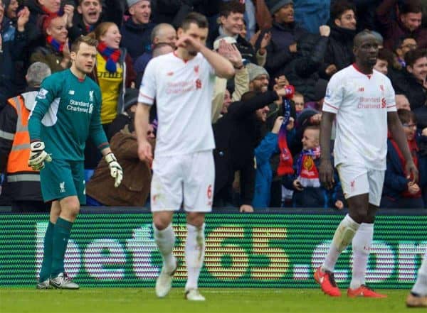 LONDON, ENGLAND - Sunday, March 6, 2016: Liverpool's goalkeeper Simon Mignolet looks dejected as Crystal Palace score the opening goal during the Premier League match at Selhurst Park. (Pic by David Rawcliffe/Propaganda)