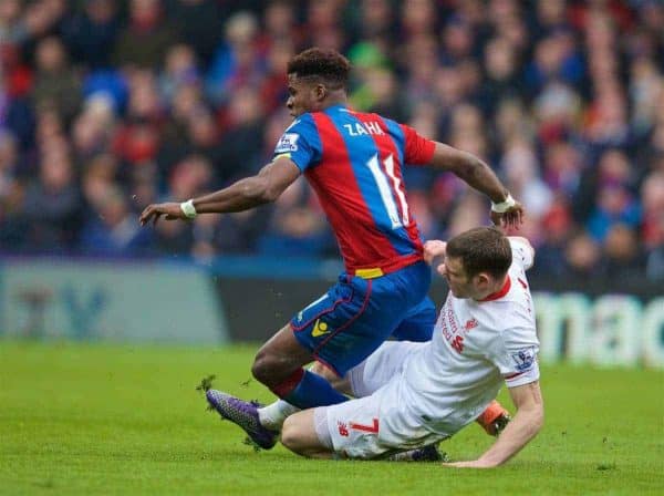 LONDON, ENGLAND - Sunday, March 6, 2016: Liverpool's James Milner is sent off for this challenge on Crystal Palace's Wilfried Zaha during the Premier League match at Selhurst Park. (Pic by David Rawcliffe/Propaganda)