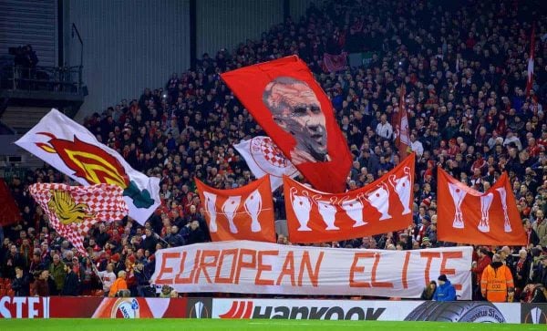 MANCHESTER, ENGLAND - Thursday, March 10, 2016: Liverpool supporters on the Spion Kop before the UEFA Europa League Round of 16 1st Leg match against Manchester United at Anfield. (Pic by David Rawcliffe/Propaganda)
