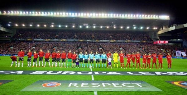 MANCHESTER, ENGLAND - Thursday, March 10, 2016: Liverpool and Manchester United players line-up before the UEFA Europa League Round of 16 1st Leg match against Manchester United at Anfield. (Pic by David Rawcliffe/Propaganda)