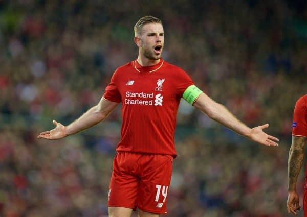 LIVERPOOL, ENGLAND - Thursday, March 10, 2016: Liverpool's captain Jordan Henderson in action against Manchester United during the UEFA Europa League Round of 16 1st Leg match at Anfield. (Pic by David Rawcliffe/Propaganda)