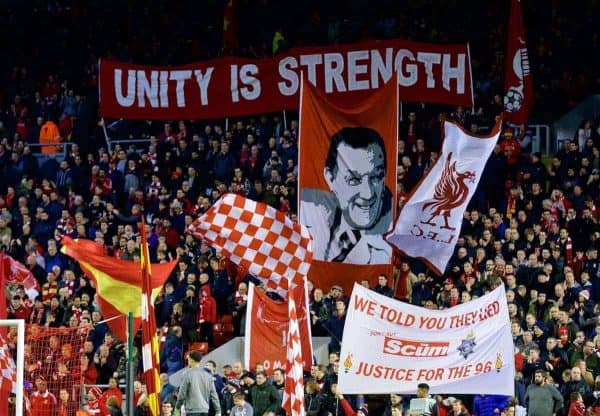 MANCHESTER, ENGLAND - Thursday, March 10, 2016: Liverpool supporters on the Spion Kop before the UEFA Europa League Round of 16 1st Leg match against Manchester United at Anfield. (Pic by David Rawcliffe/Propaganda)